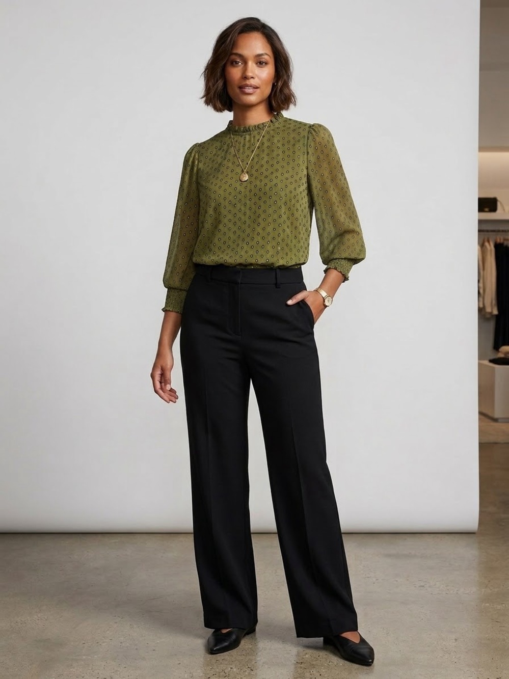 Maison d’ Amélíe Olive Green Printed Ruffle-Neck Blouse gold metallic large